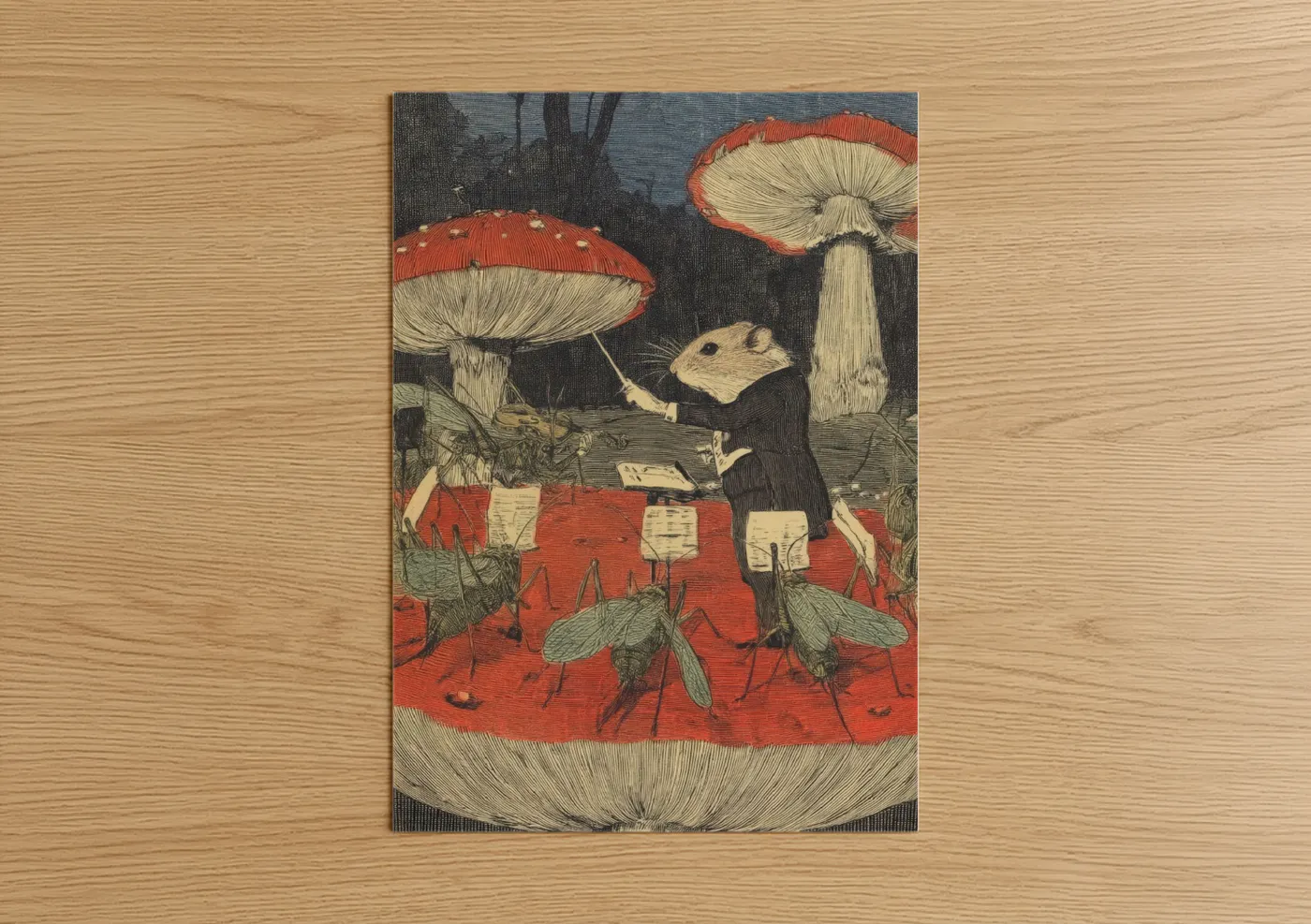 Art print on warm oak wood — red and cream palette — Woodland Hamster Gathering poster