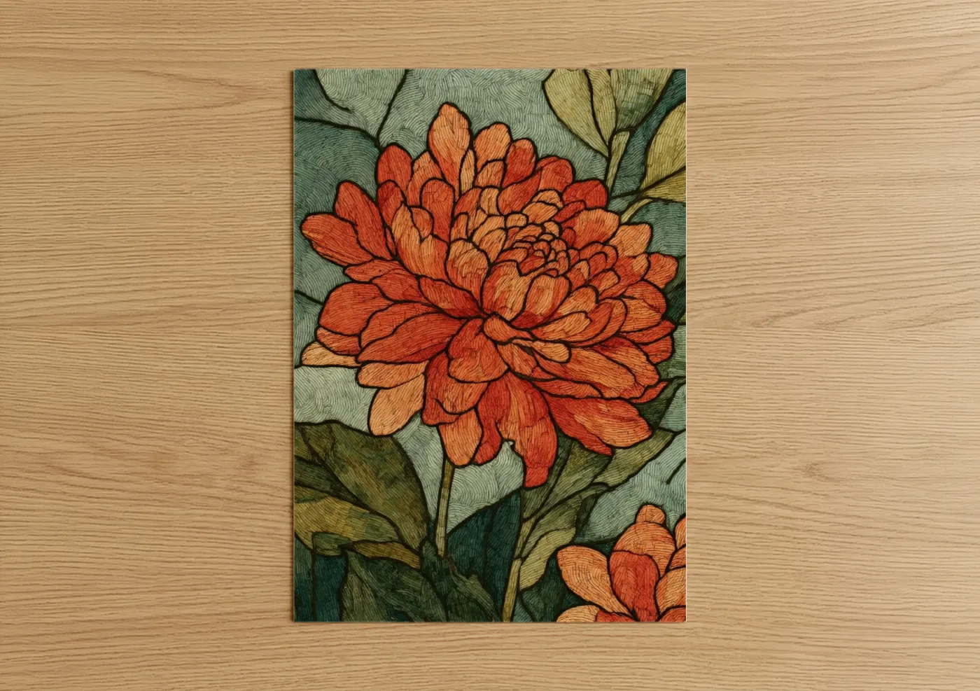 Coral Dahlia Bloom Botanical Illustration Wall Art