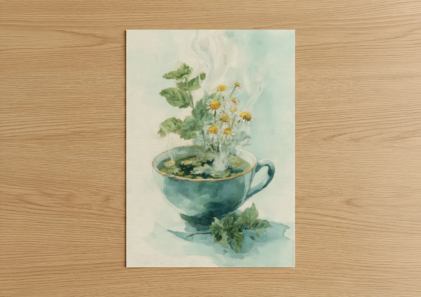 Herbs art print on warm oak wood — light green and blue palette — Teacup Chamomile poster