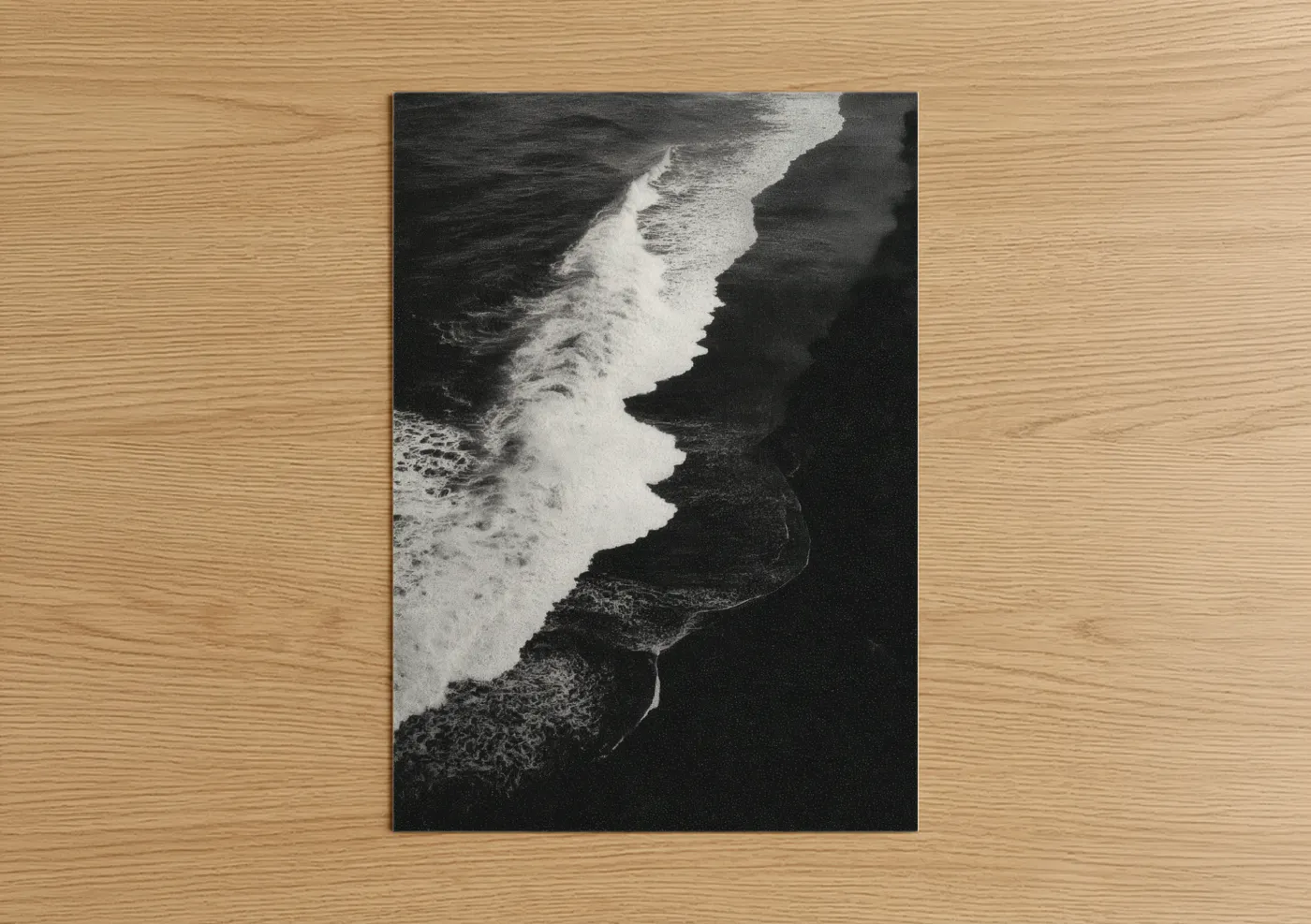 Seascapes and ocean art print on warm oak wood — black and white palette — Black Sand Waves poster
