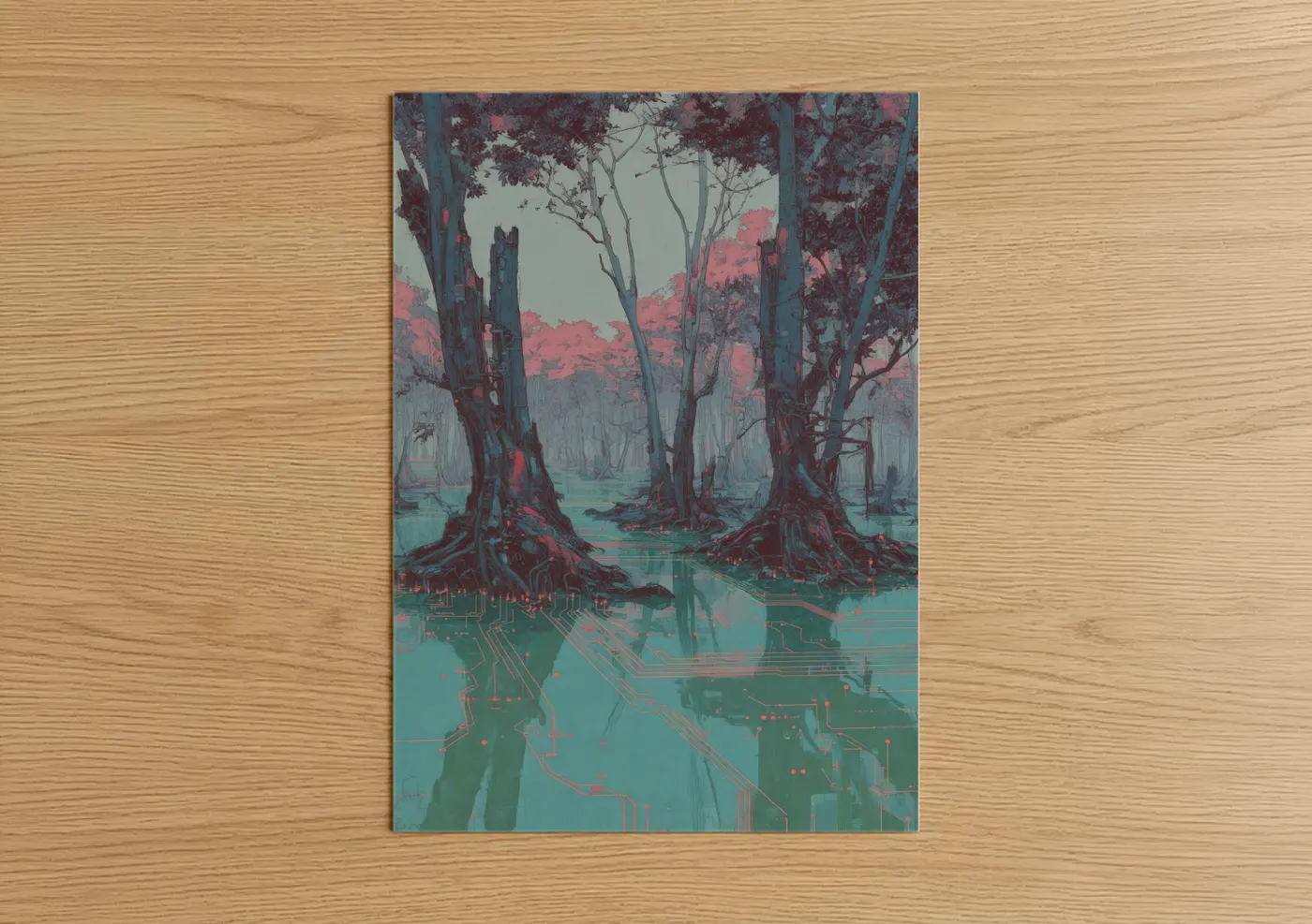 Art print on warm oak wood — turquoise and maroon palette — Digital Mangrove poster