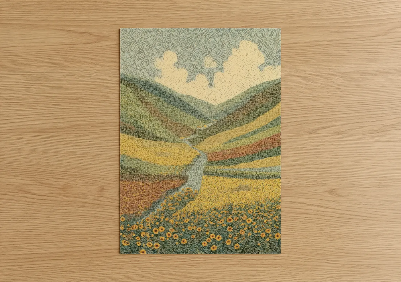 Sunflower field art print on warm oak wood — yellow gold and sage green palette — Golden Sunflower Valley poster