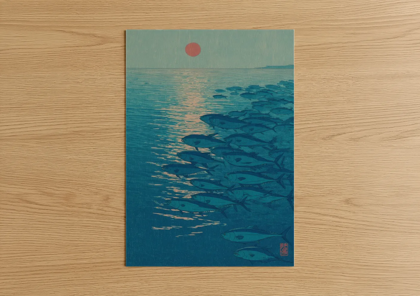 Crimson Sunrise Tuna School Woodblock Wall Art