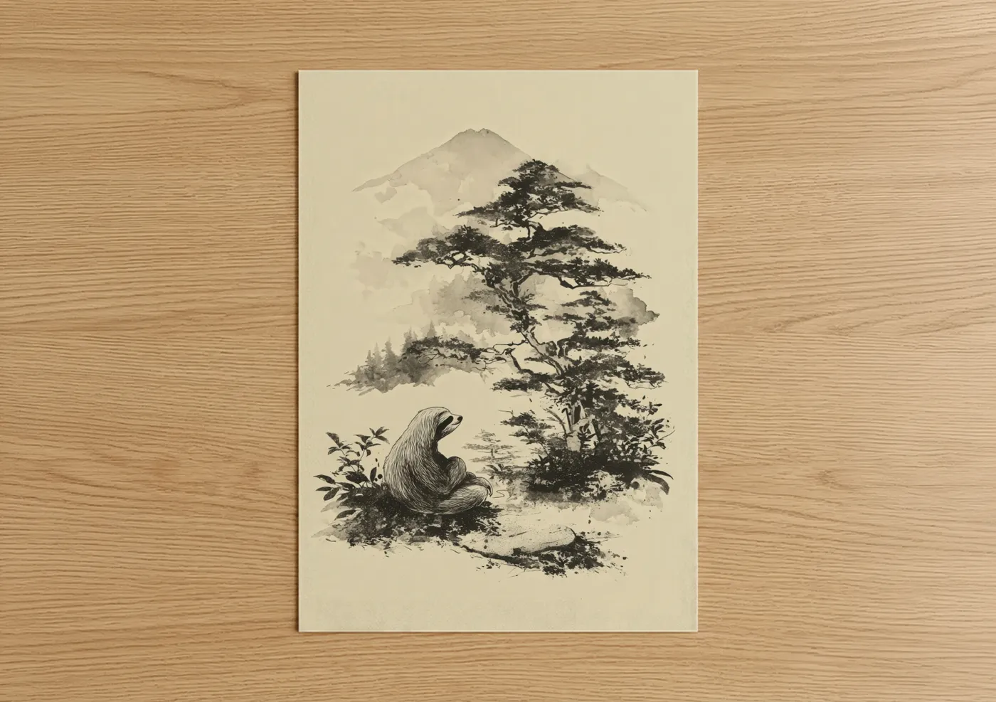 Mountain Sloth Zen Nature Illustration Wall Art
