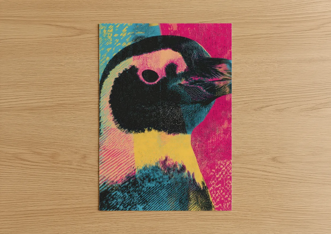Art print on warm oak wood — magenta and teal palette — Pop Art Penguin poster