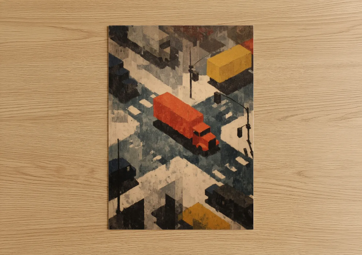 Art print on warm oak wood — red and mustard palette — Urban Delivery Van poster