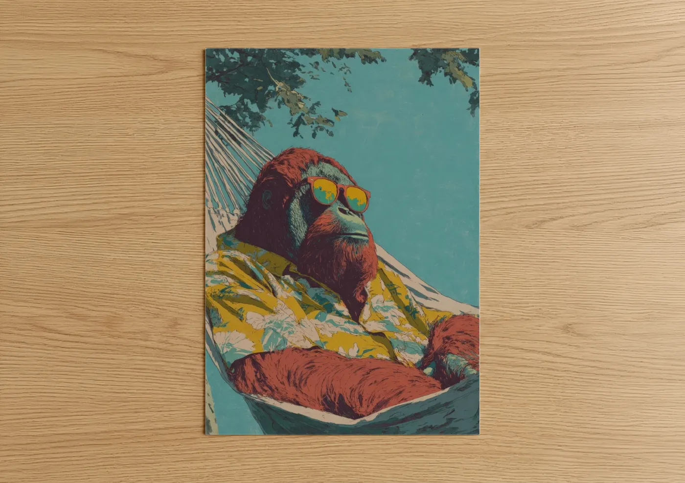 Art print on warm oak wood — teal and red palette — Relaxed Orangutan poster