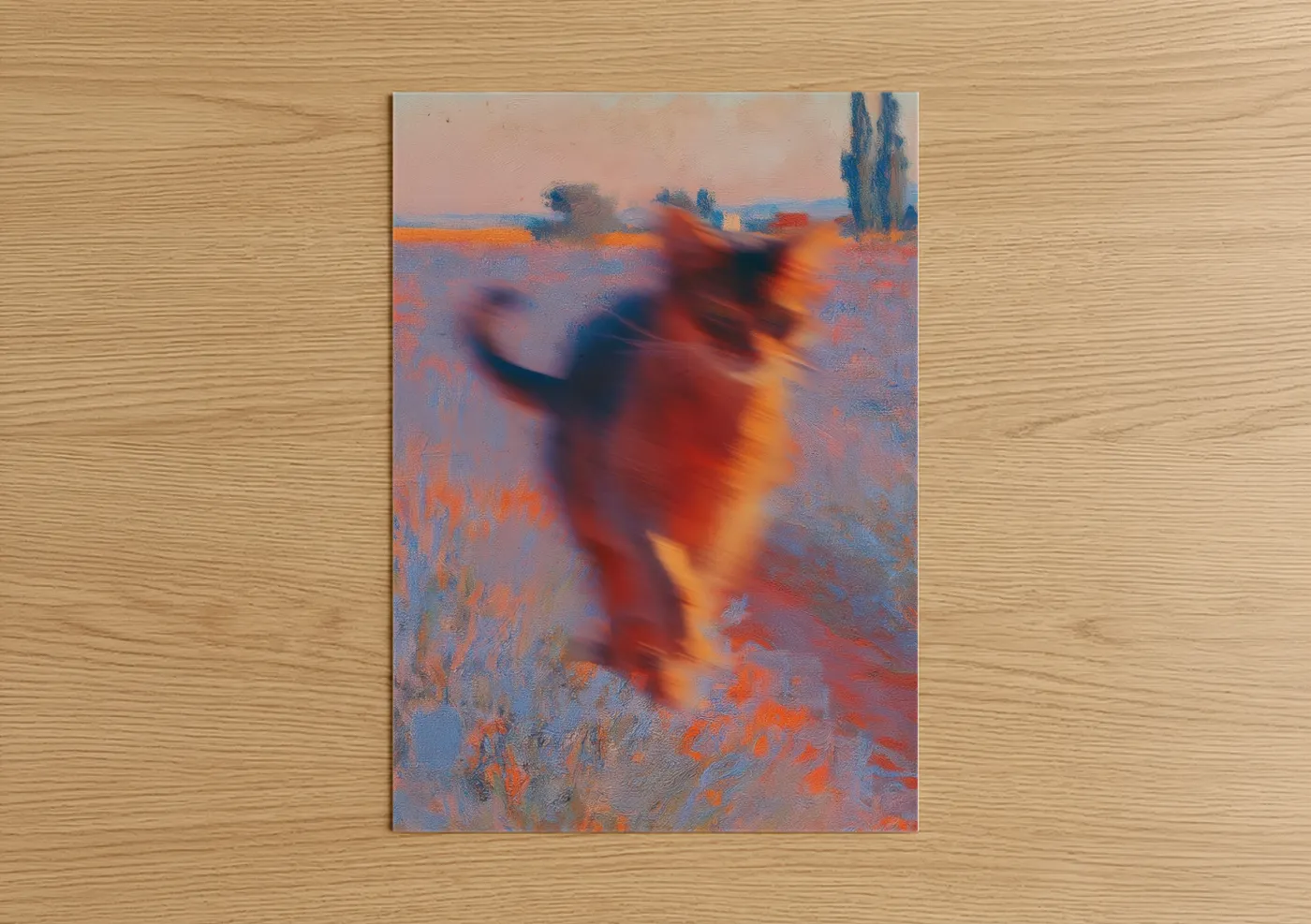 Dancing Cat Sunset Field Painting Wall Art