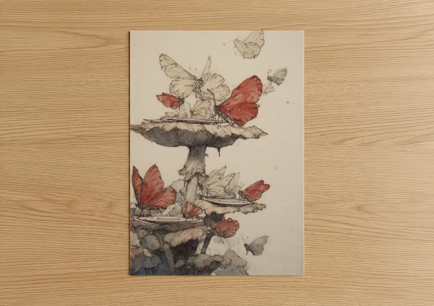 Art print on warm oak wood — cream and russet palette — Mushroom Butterfly Gathering poster