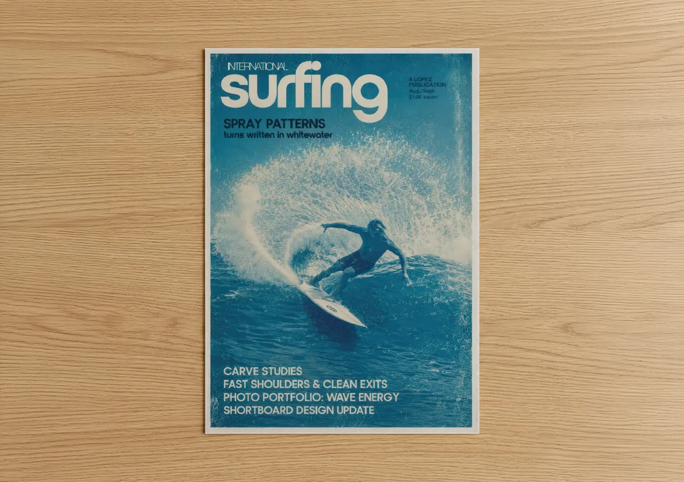 Water surfing art print on warm oak wood — blue and blue and white palette — Vintage Surfing Magazine Cover Wall Art poster