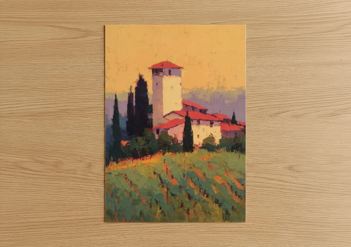 Towers art print on warm oak wood — gold and red palette — Tuscan Tower Sunset poster