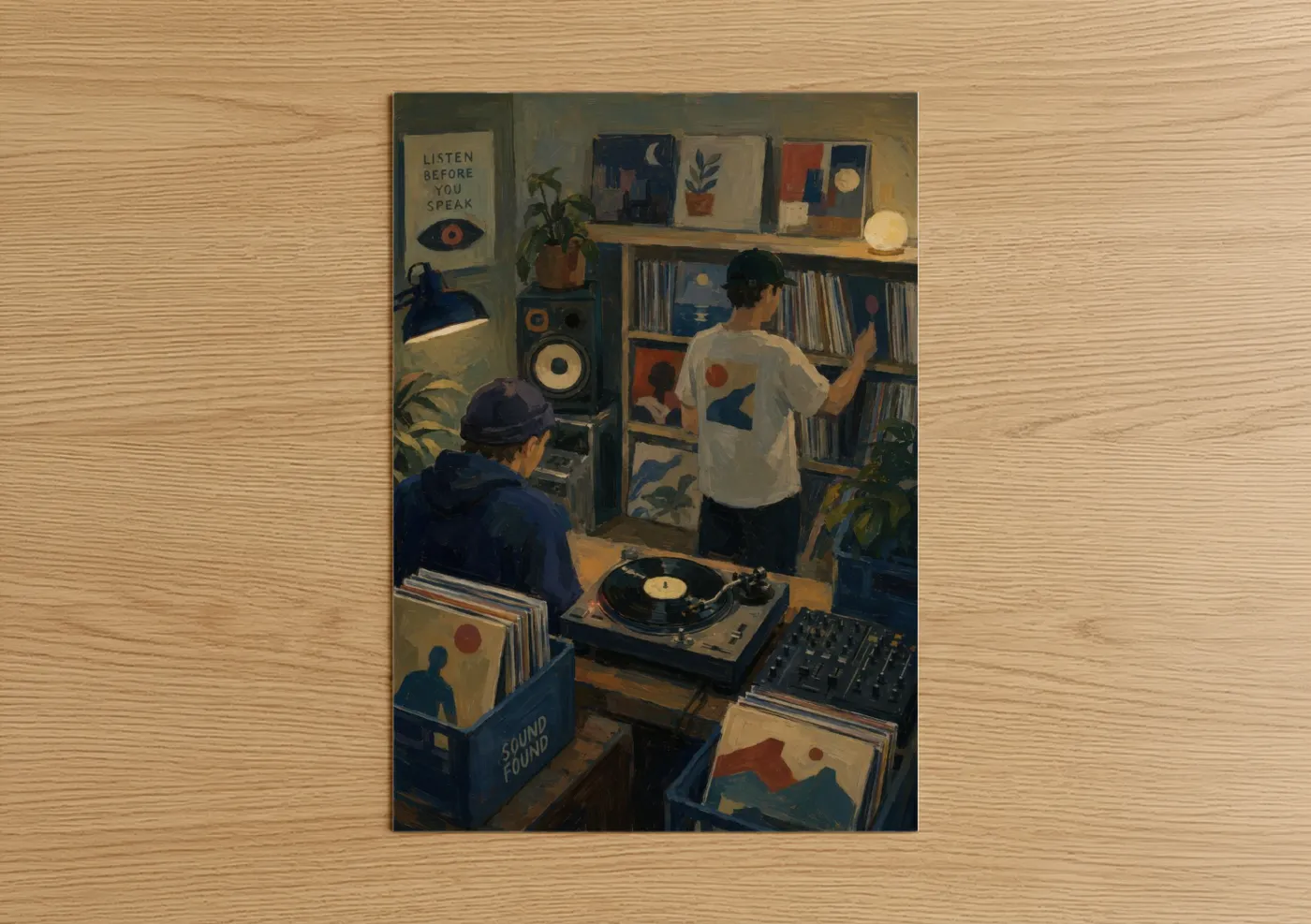 Vinyl records art print on warm oak wood — brown and blue palette — Vinyl Record Collection Music Wall Art poster