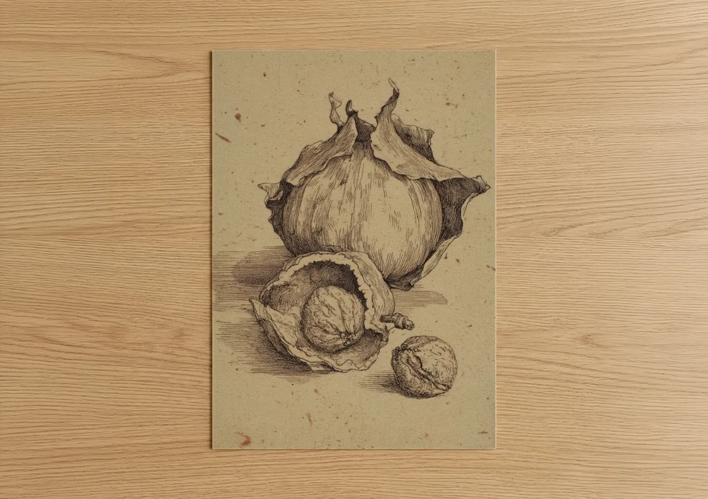 Herbs and spices art print on warm oak wood — beige and black and white palette — Garlic Study poster