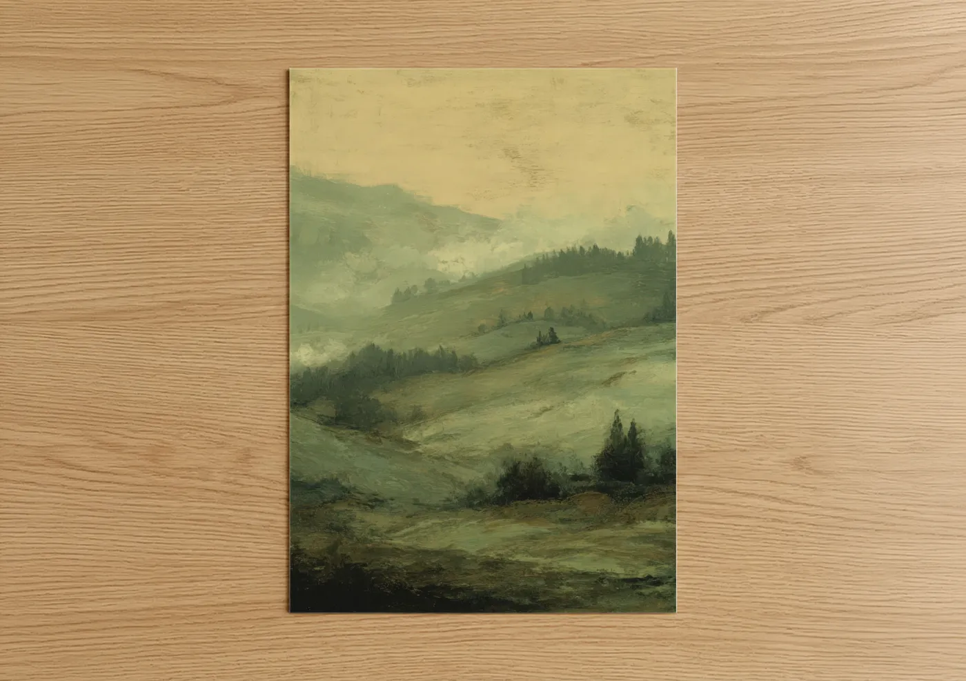 Art print on warm oak wood — light green and cream palette — Green Field Landscape poster