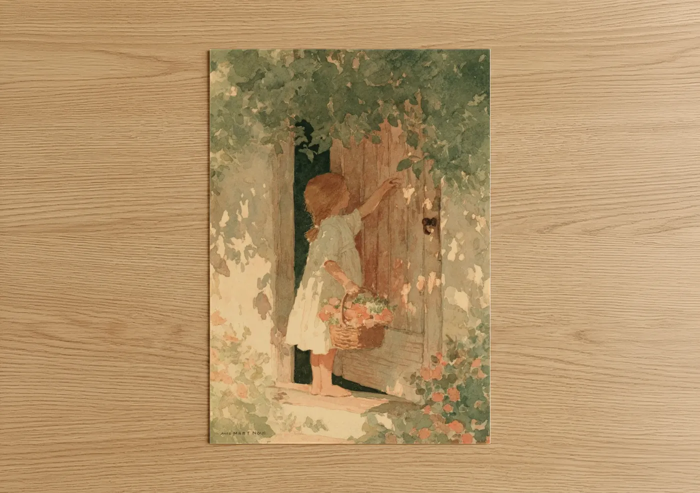Child with Flowers in Ivy-Covered Garden Wall Art