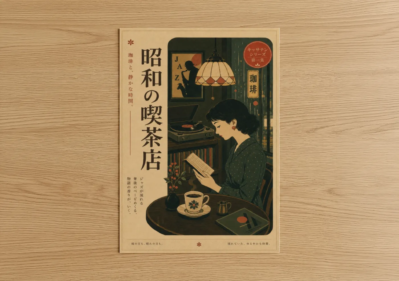 Art print on warm oak wood — beige and dark green palette — Vintage Japanese Coffee Shop Wall Art poster