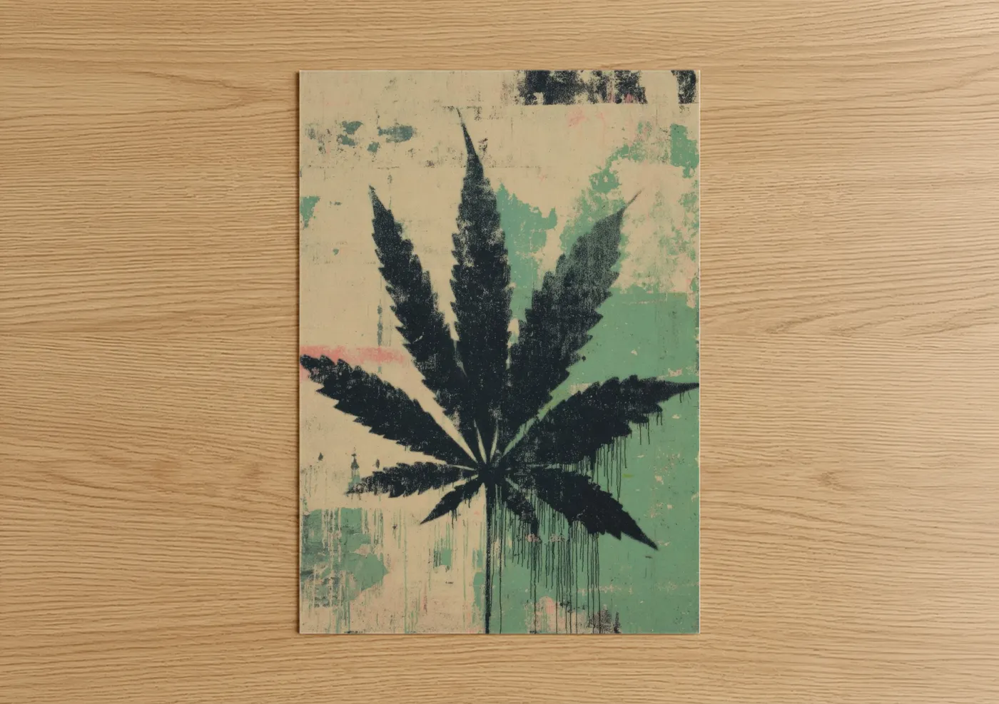 Marijuana art print on warm oak wood — cream and sage green palette — Distressed Cannabis Leaf poster