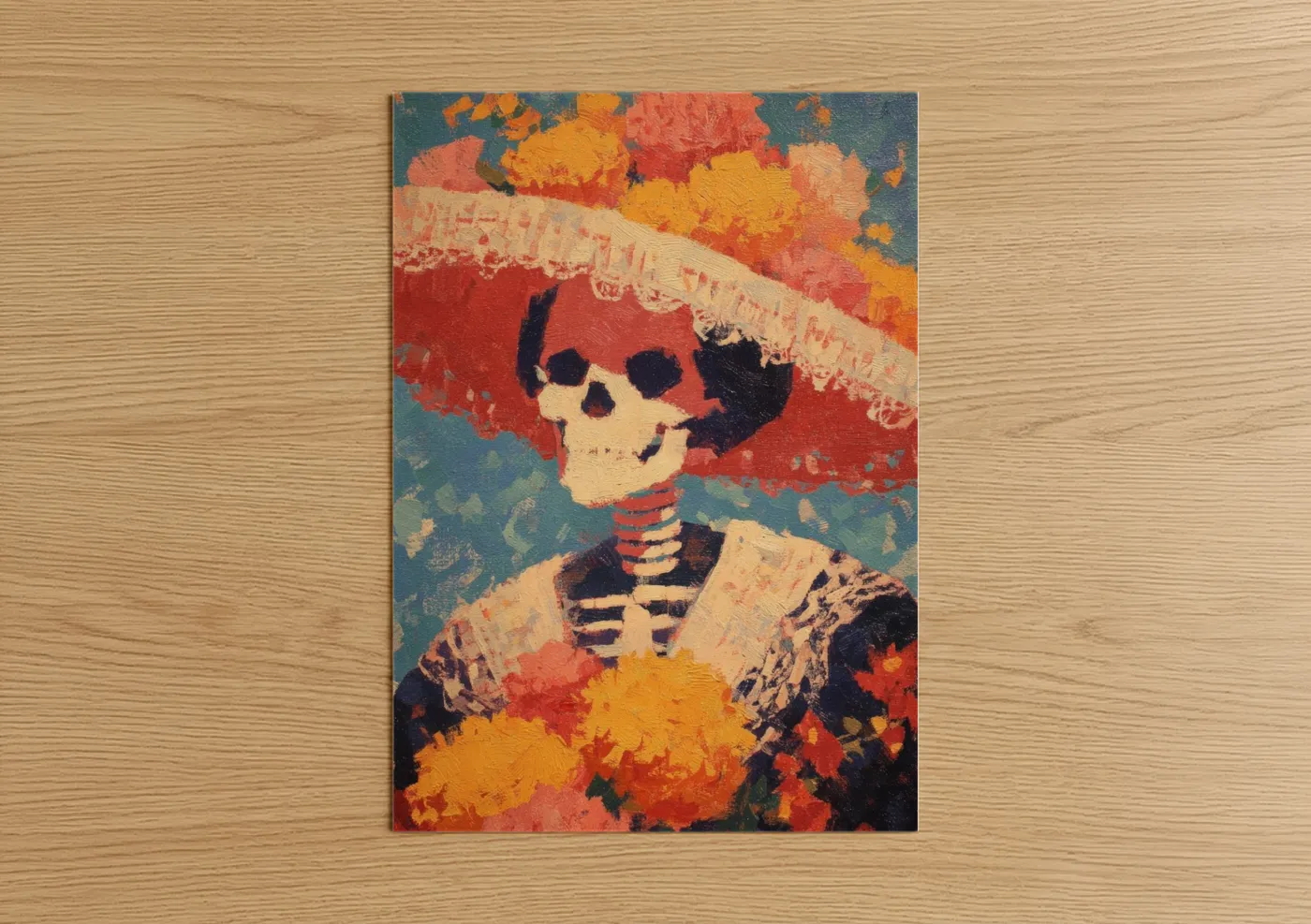 Dia de los muertos art print on warm oak wood — red and yellow gold palette — Festive Skeleton Portrait poster