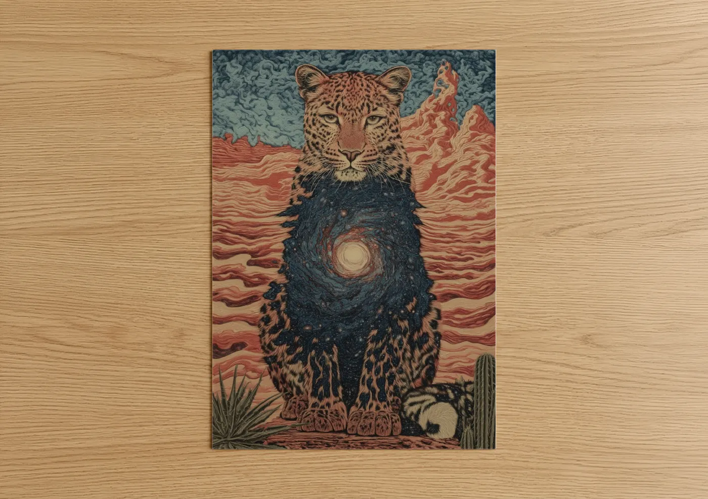 Art print on warm oak wood — red and blue palette — Cosmic Leopard poster