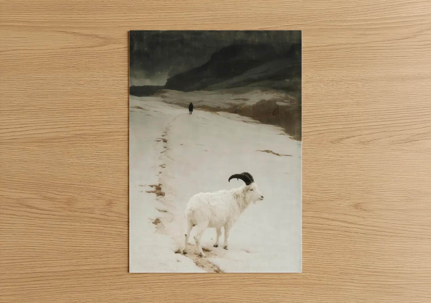 Art print on warm oak wood — white and gray palette — Snowy Antelope poster