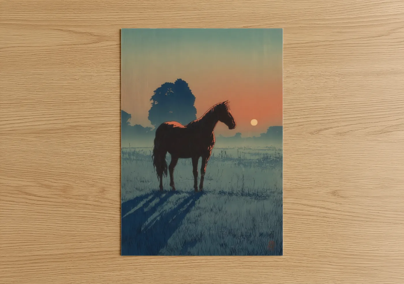 Art print on warm oak wood — peach and blue palette — Sunset Quarter Horse poster