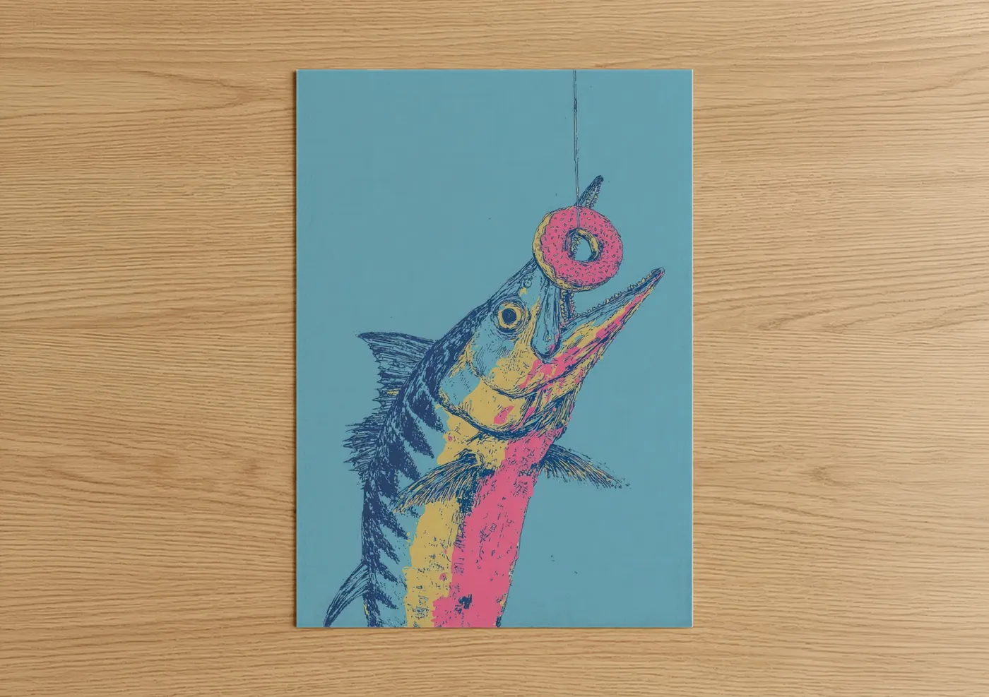 Art print on warm oak wood — blue and pink palette — Pop Art Wahoo poster