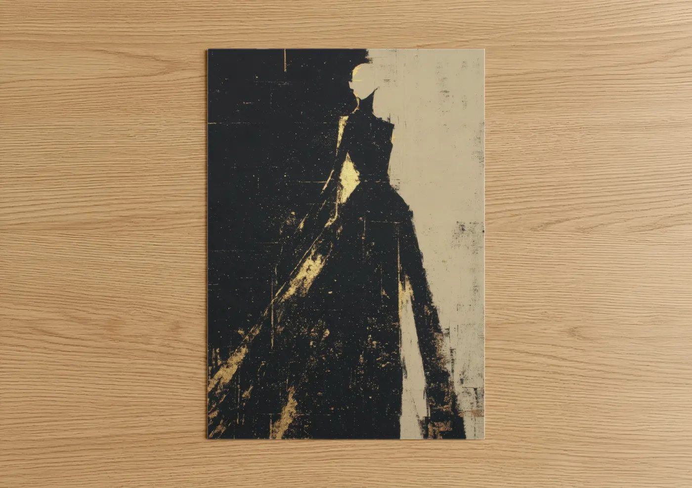 Fashion illustration art print on warm oak wood — black and gold and cream palette — Golden Elegance poster