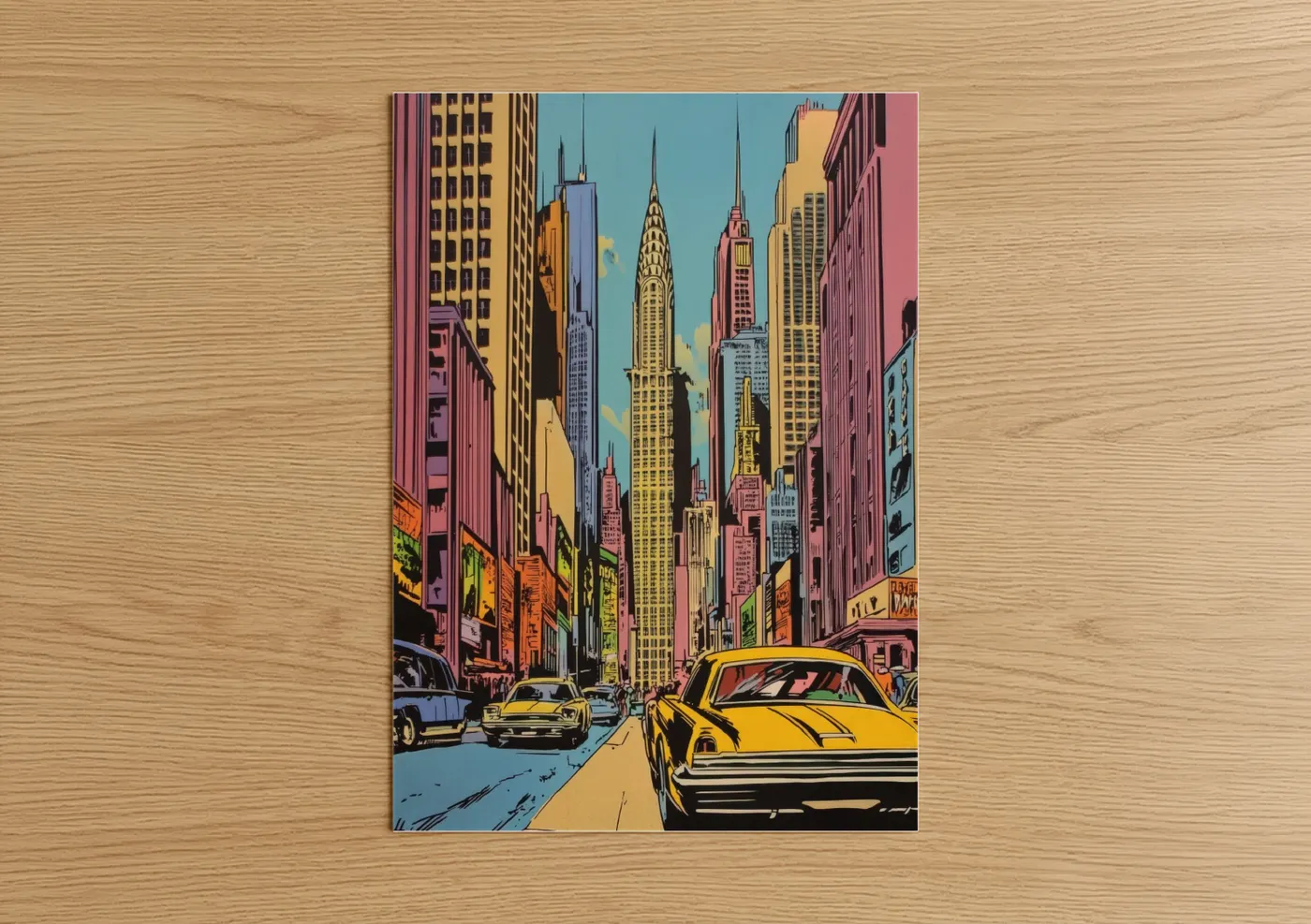 Comic books art print on warm oak wood — yellow gold and pink palette — Manhattan Street Scene poster