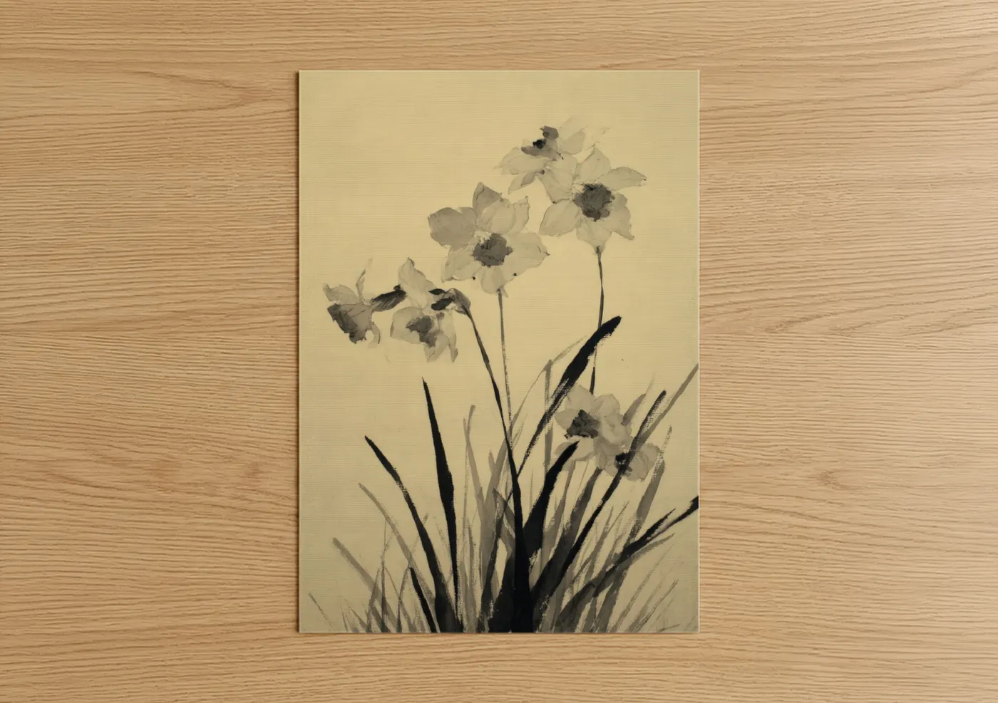Art print on warm oak wood — cream and black and white palette — Delicate Daffodils poster