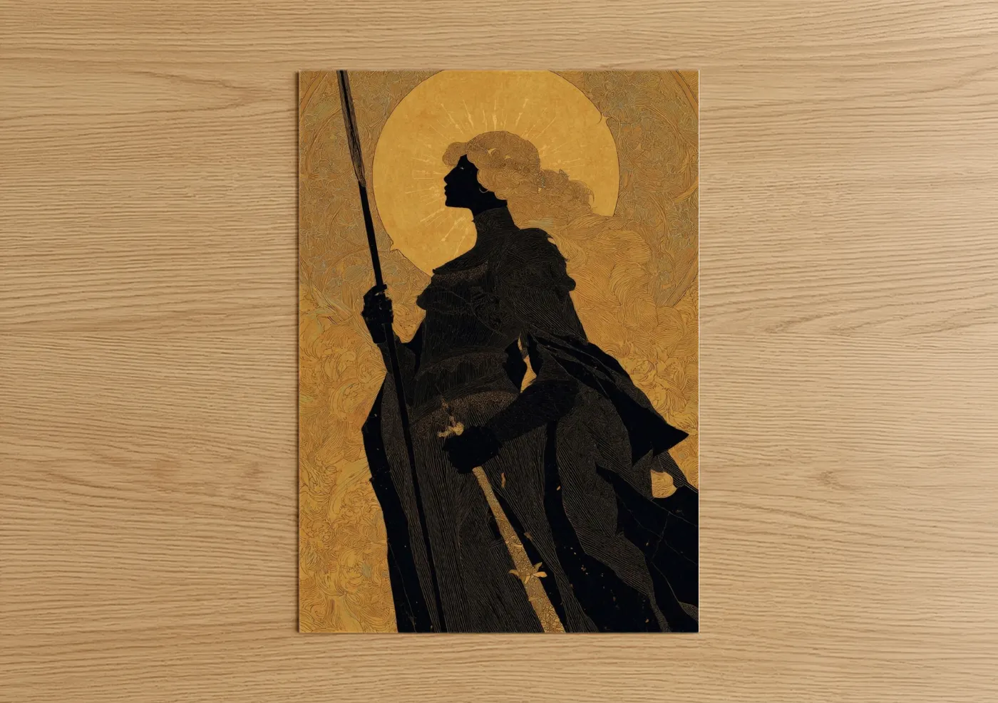 Joan of arc art print on warm oak wood — gold and black palette — Silhouetted Warrior poster