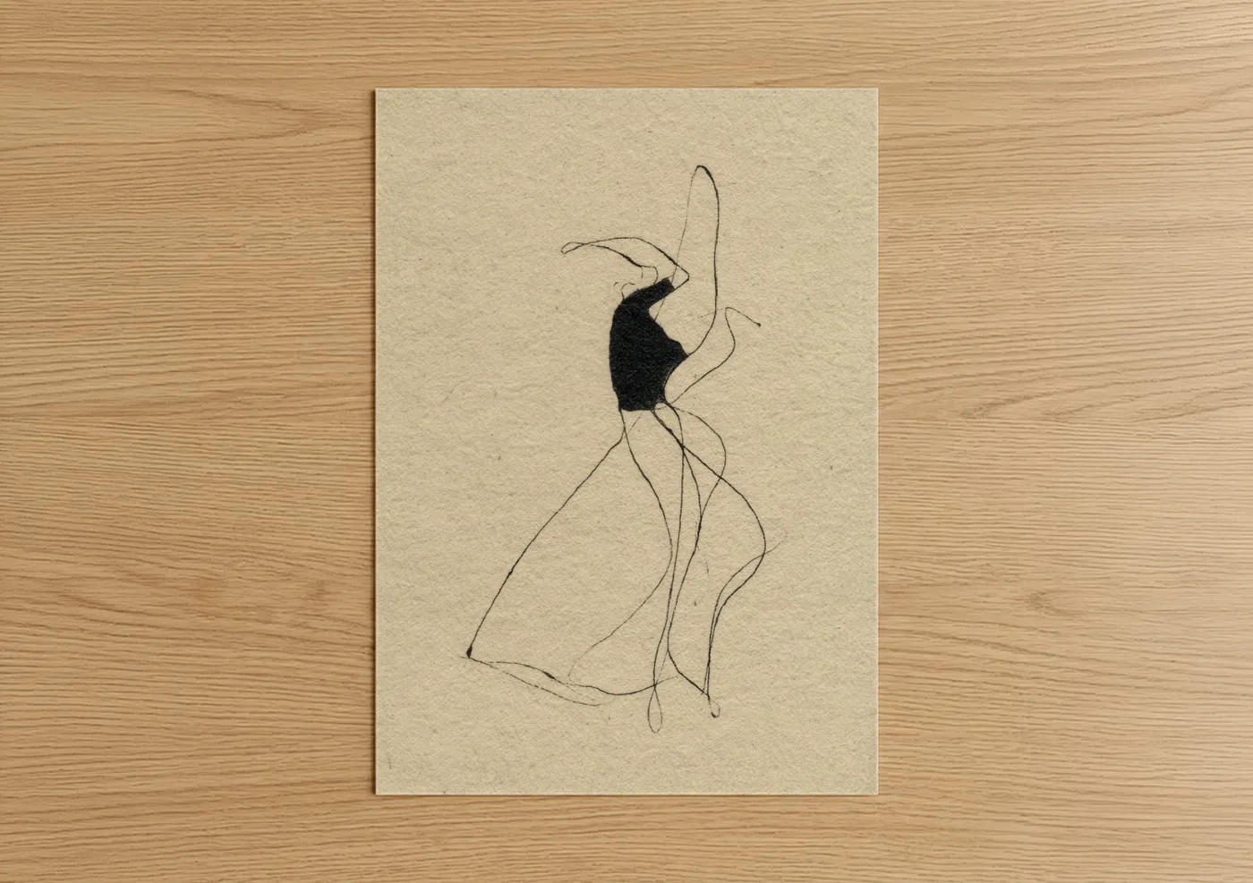 Art print on warm oak wood — beige and black palette — Dynamic Zumba Dancer poster