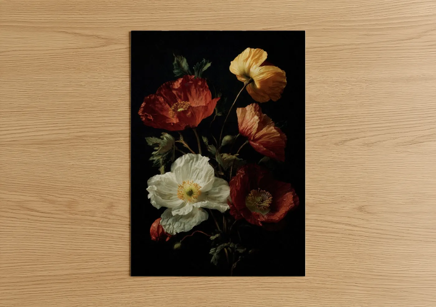 Crimson Poppy Bouquet Black Background Wall Art