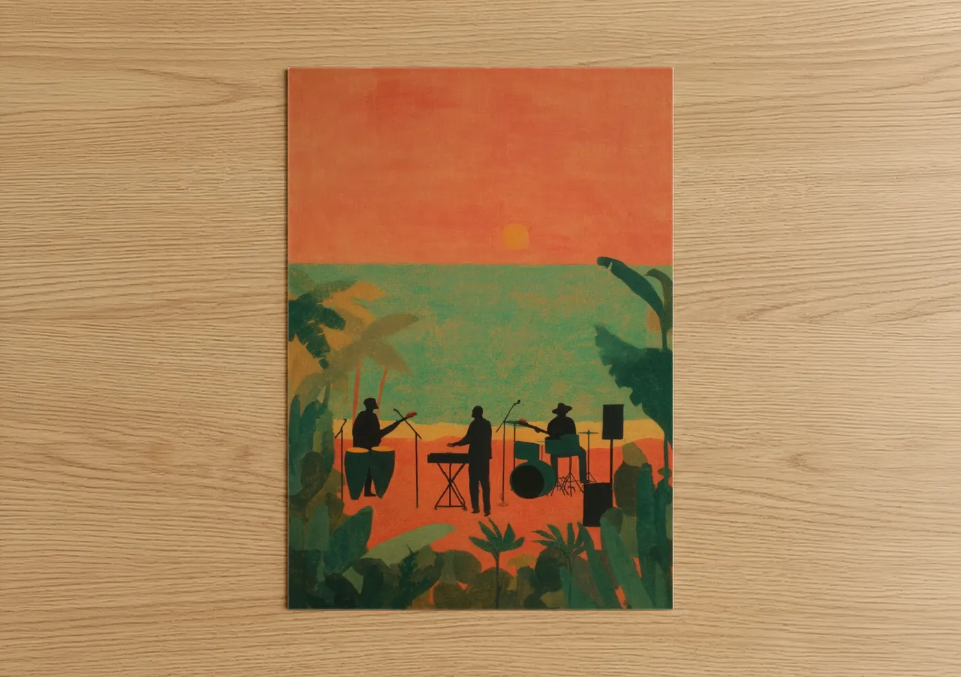 Art print on warm oak wood — orange and green palette — Tropical Reggae Sunset poster