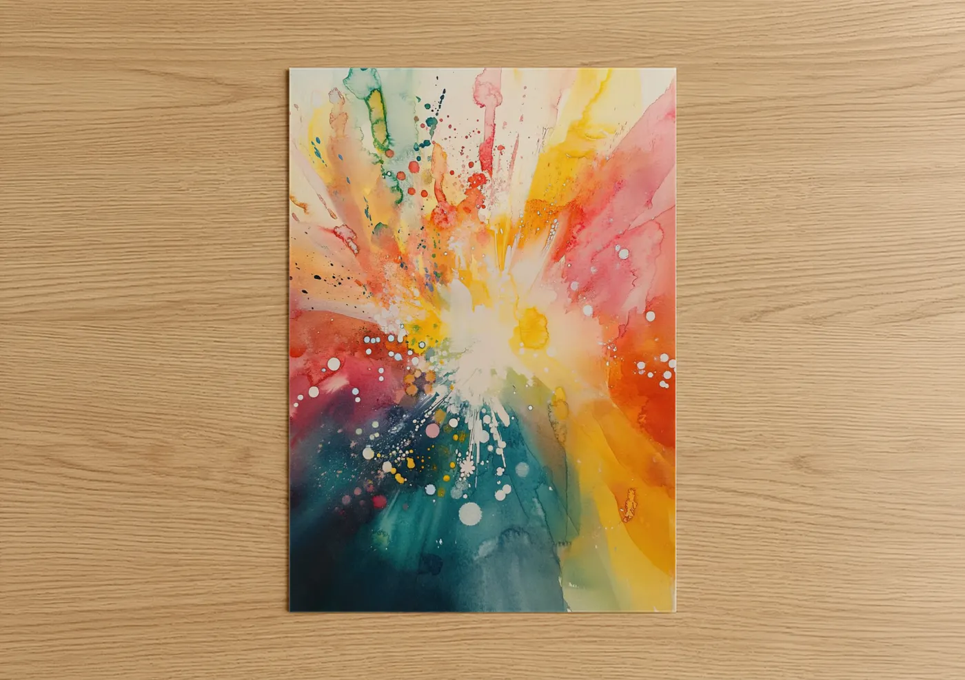 Abstract expressionism art print on warm oak wood — pink and yellow palette — Radiant Explosion poster