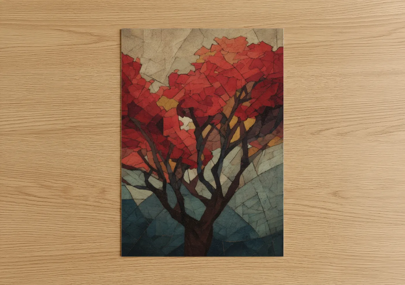Arbutus tree art print on warm oak wood — red and brown palette — Crimson Arbutus poster