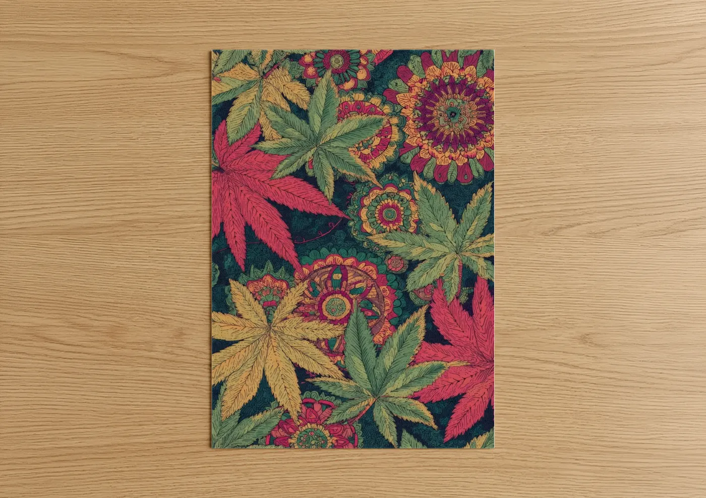 Art print on warm oak wood — gold and magenta palette — Botanical Cannabis Tapestry poster
