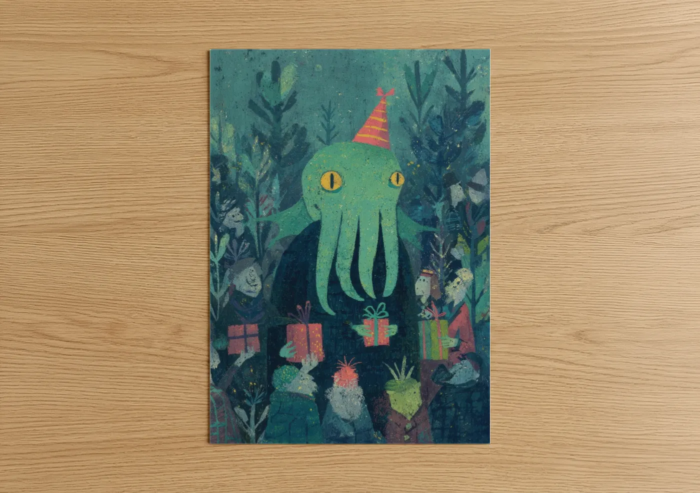 Art print on warm oak wood — teal and green palette — Party Cthulhu poster