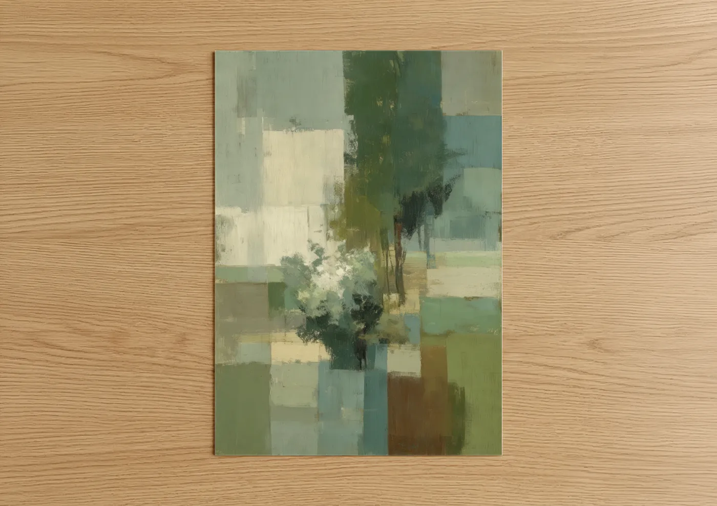 Art print on warm oak wood — sage green and blue and white palette — Olive Tree Abstraction poster