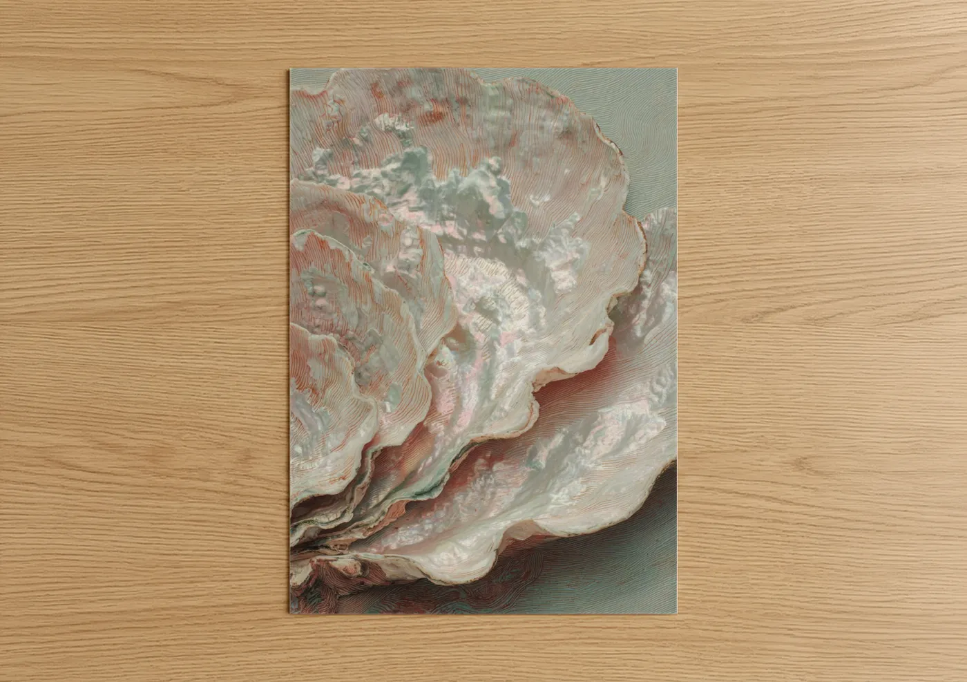 Art print on warm oak wood — cream and sage green palette — Pearlescent Oyster poster