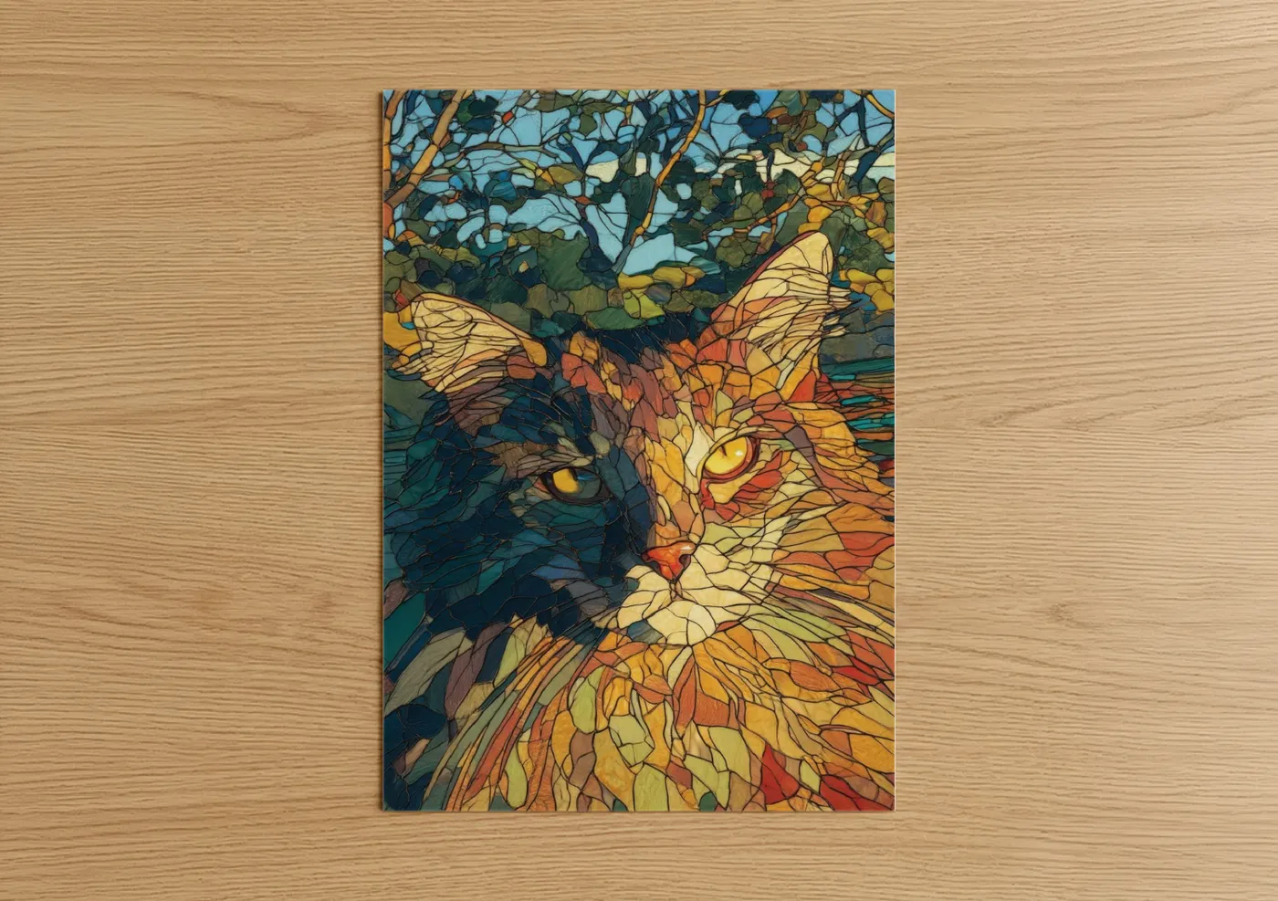 Art print on warm oak wood — gold and teal palette — Golden Garden Cat poster