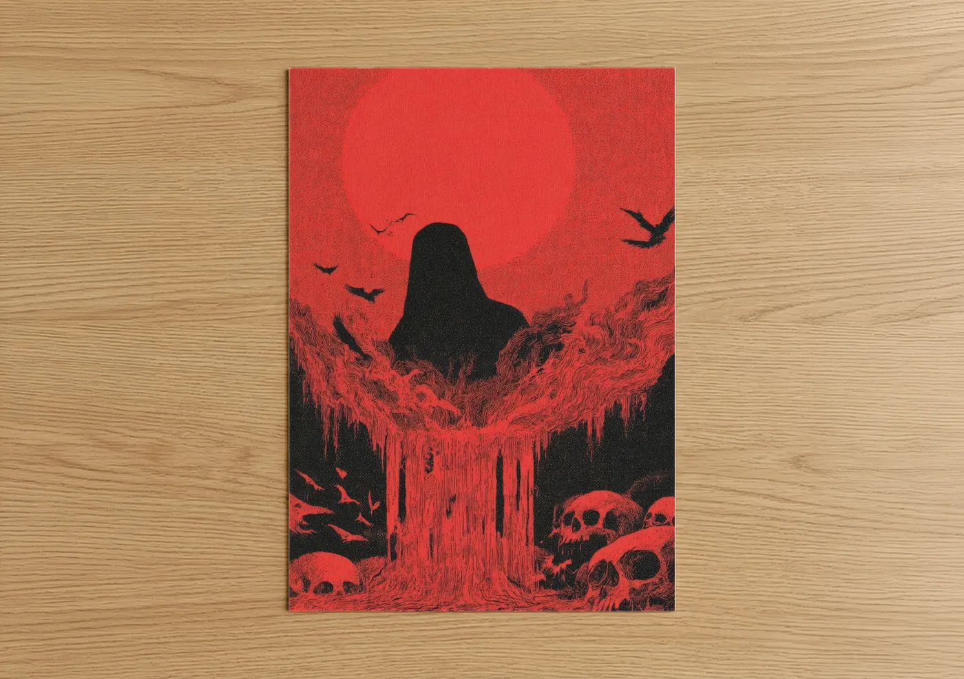 Death metal art print on warm oak wood — red and black palette — Crimson Reaper poster