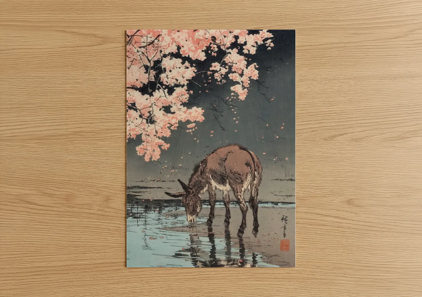 Donkey Drinking Water Japanese Woodblock Wall Art