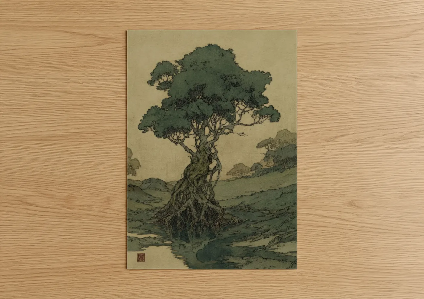 Ancient Banyan Tree Japanese Woodblock Wall Art
