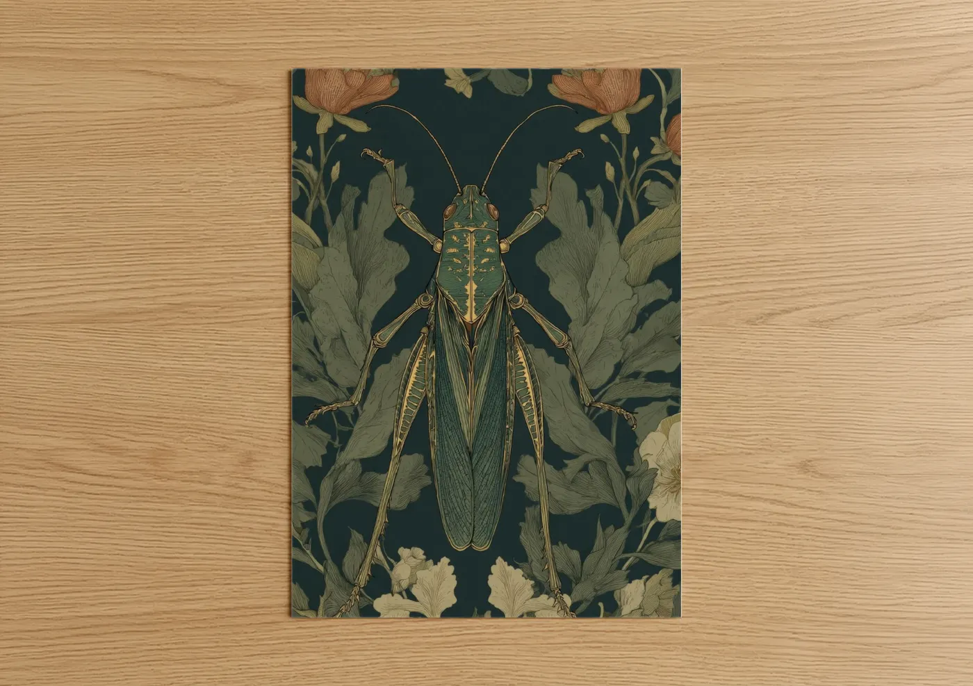 Art print on warm oak wood — gold and dark green palette — Golden Grasshopper poster