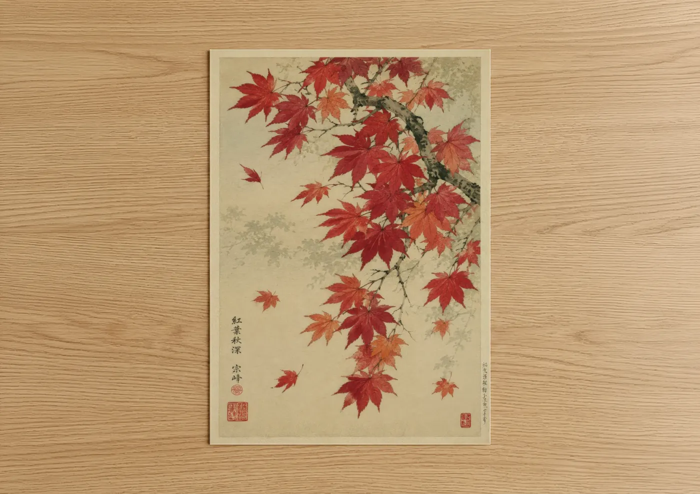 Leaf art print on warm oak wood — red and beige palette — Japanese Maple Leaves Wall Art poster