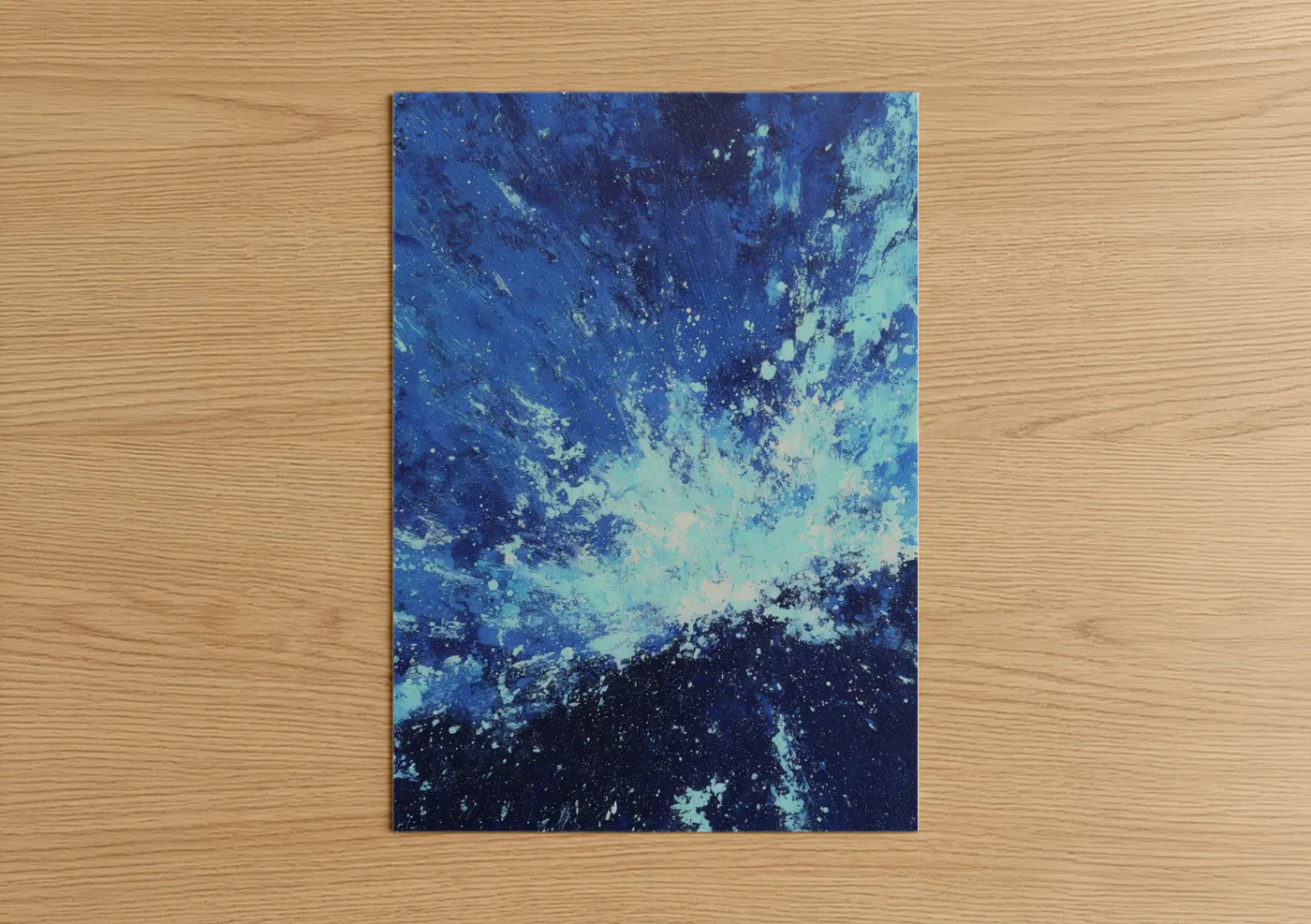 Supernova art print on warm oak wood — blue and turquoise palette — Celestial Explosion poster