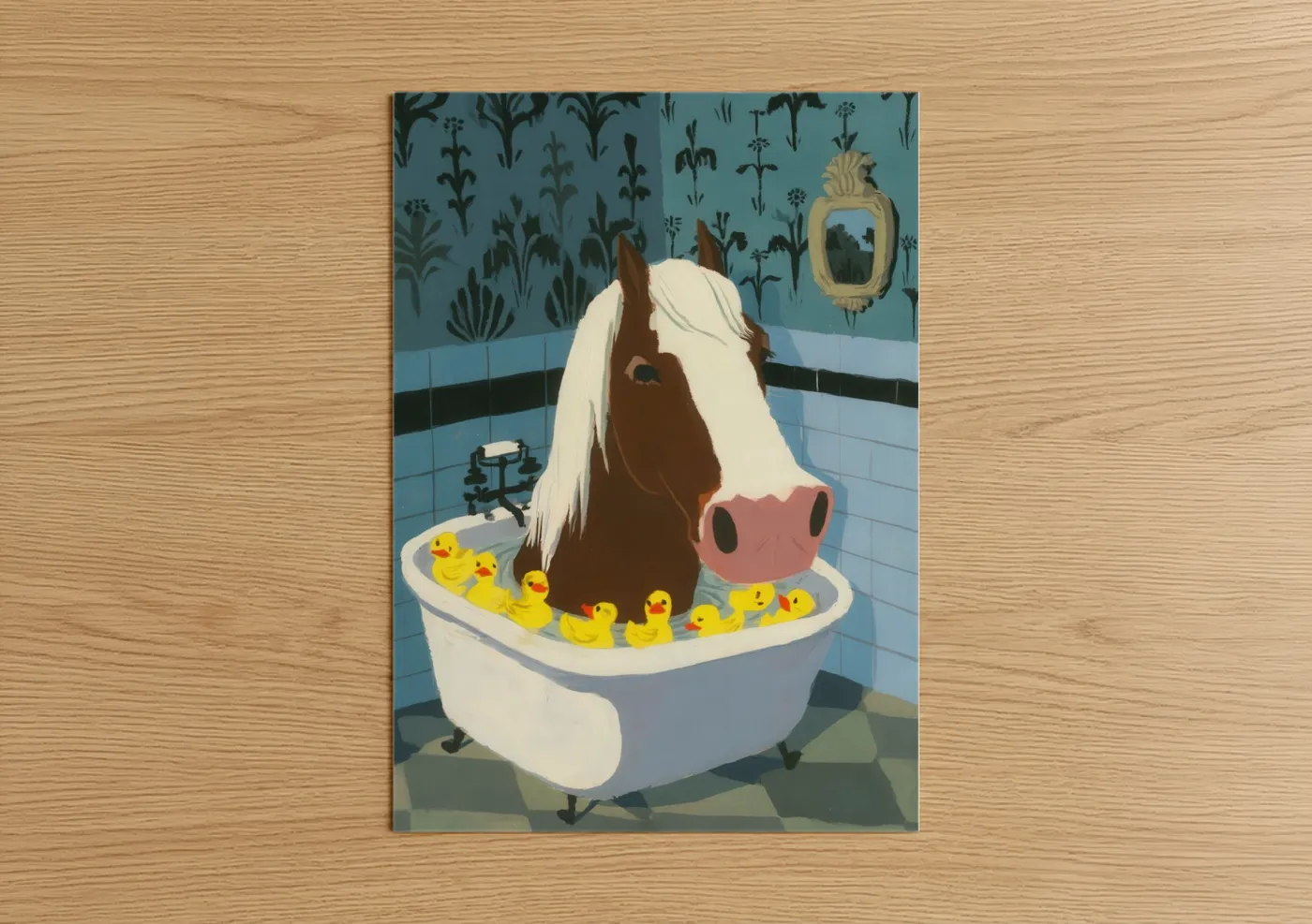 Clydesdale Horse Bath Time Illustration Wall Art