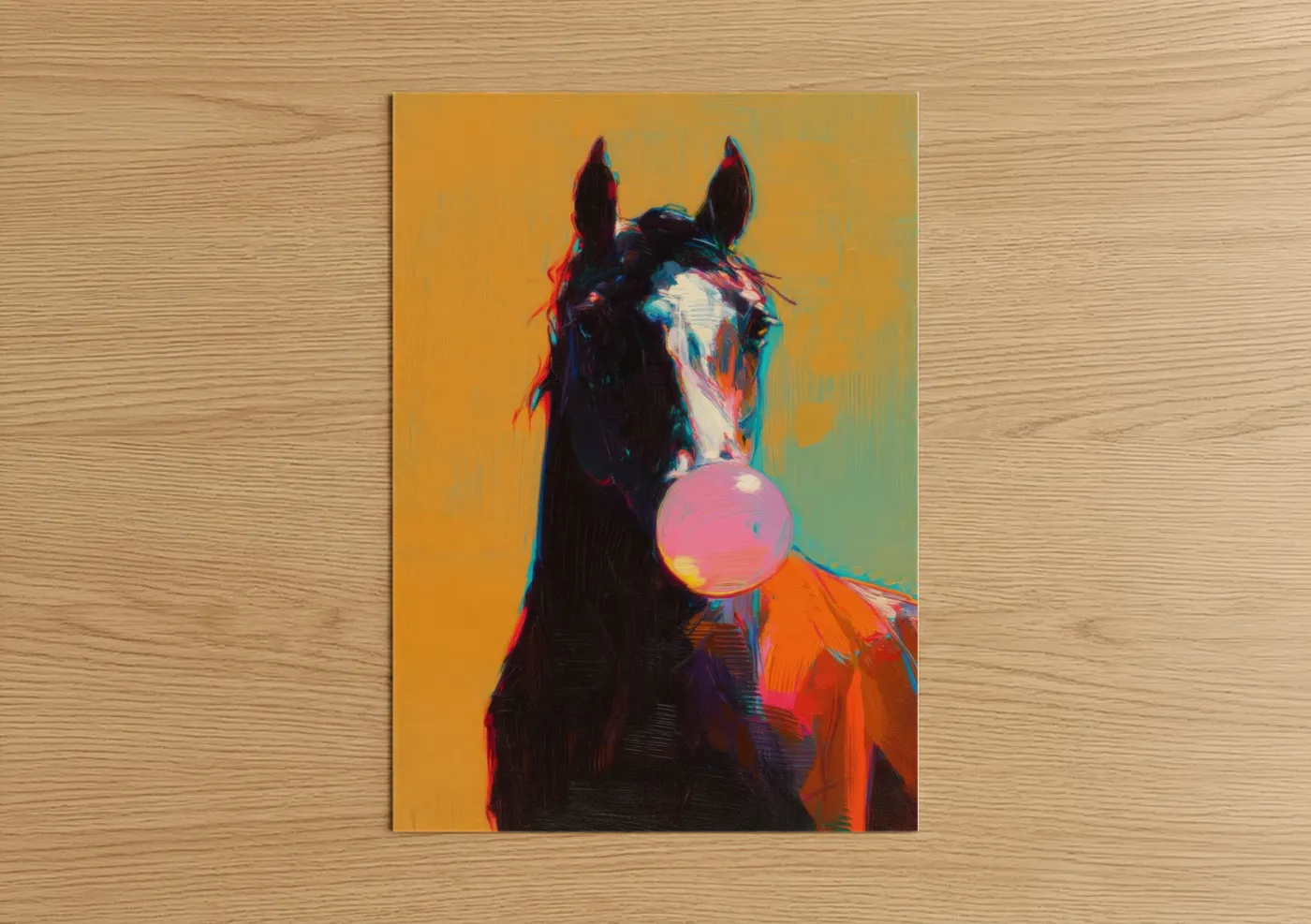 Art print on warm oak wood — orange and magenta palette — Bubble Gum Quarter Horse poster