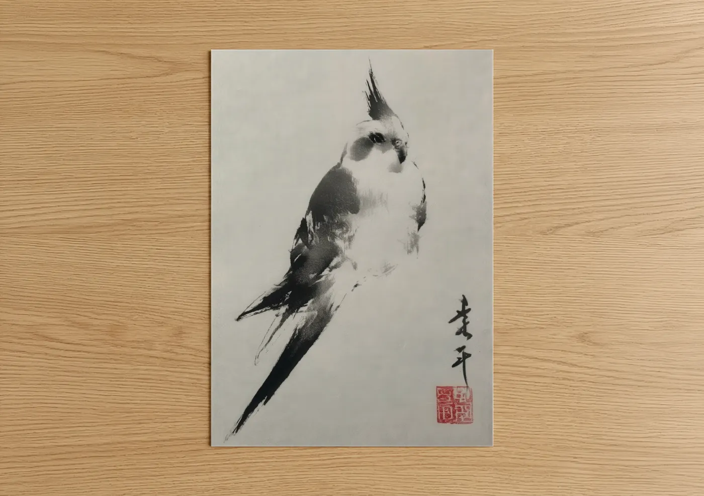 Crested Cockatiel Japanese Ink Drawing Wall Art