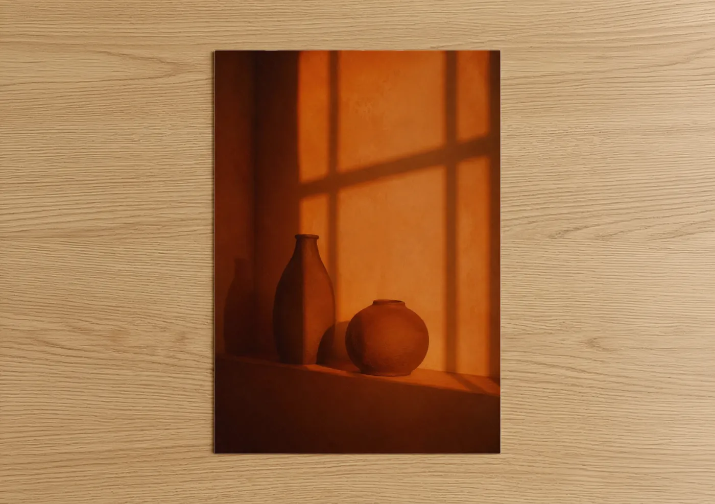 Art print on warm oak wood — orange and espresso palette — Minimalist Pottery Still Life Wall Art poster